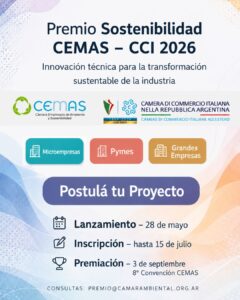 PREMIO SOSTENIBILIDAD CEMAS – CCI 2026 “INNOVACIÓN TÉCNICA PARA LA TRANSFORMACIÓN SUSTENTABLE DE LA INDUSTRIA”