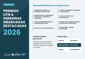 CONVOCATORIA PREMIO UTN A PERSONAS GRADUADAS DESTACADAS – PLAZO: 16 DE OCTUBRE
